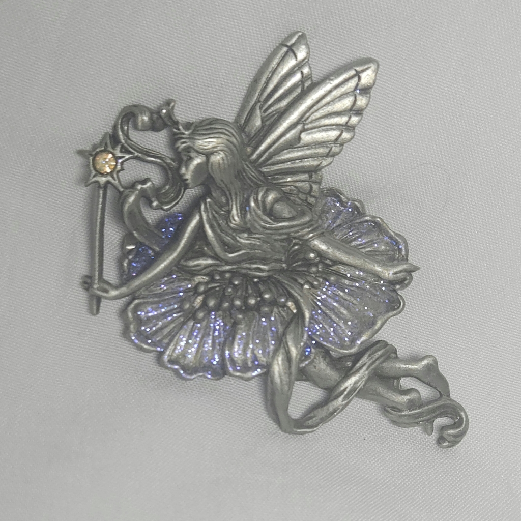Jj Jonette Stamped Pewter Fairy Brooch Pin W Purple Glitter Rhinestine Accents 75$